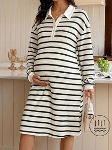 SHEIN Maternity Striped Colorblock Casual Daily Summer Dress Fall - Apricot - View 1