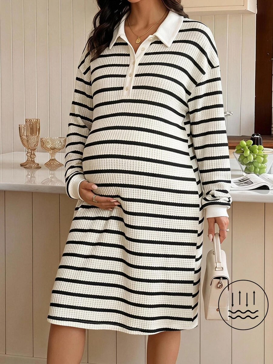 SHEIN Maternity Striped Colorblock Casual Daily Summer Dress Fall - Apricot - View 1