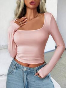 Zavorell Camiseta De Manga Larga Casual De Primavera Con Cuello Redondo Y Ajuste Delgado - Rosa - Ver 3