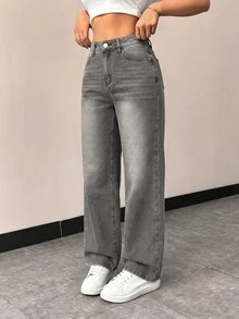 SHEIN PETITE Women's Casual Straight Leg Denim Jeans - Grey - View 6