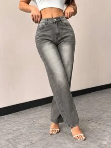 SHEIN PETITE Women's Casual Straight Leg Denim Jeans - Grey - View 3