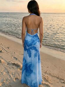 SHEIN 優雅飄逸性感夏季度假海灘度假女款垂領露背流暢透視連身裙 淺藍色花卉 - 藍色 - 查看 2