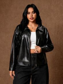 Rustia Plus Crocodile Embossed Zip Up Jacket Winter - Black - View 3