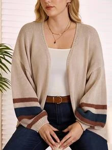 Rosumi Plus Size Casual Color-Block Striped Cardigan,  Fall,Spring Winter - Apricot - View 7