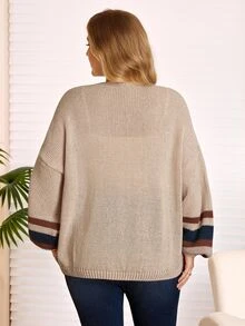 Rosumi Plus Size Casual Color-Block Striped Cardigan,  Fall,Spring Winter - Apricot - View 5