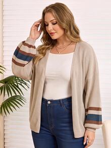 Rosumi Plus Size Casual Color-Block Striped Cardigan,  Fall,Spring Winter - Apricot - View 6