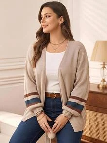 Rosumi Plus Size Casual Color-Block Striped Cardigan,  Fall,Spring Winter - Apricot - View 1