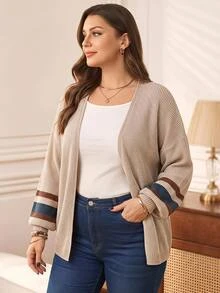 Rosumi Plus Size Casual Color-Block Striped Cardigan,  Fall,Spring Winter - Apricot - View 2