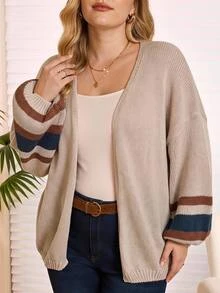 Rosumi Plus Size Casual Color-Block Striped Cardigan,  Fall,Spring Winter - Apricot - View 3