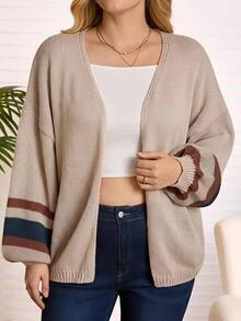 Rosumi Plus Size Casual Color-Block Striped Cardigan,  Fall,Spring Winter - Apricot - View 4
