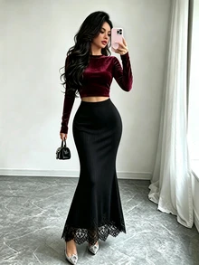 Elenzga 優雅溫柔風咖啡色羅紋蕾絲拼接修身貼身女款裙 - 黑色 - 查看 3