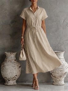 SHEIN 女款優雅休閒卡其色白色條紋立領抽繩收腰中長版襯衫洋裝 - 卡其色 - 查看 6