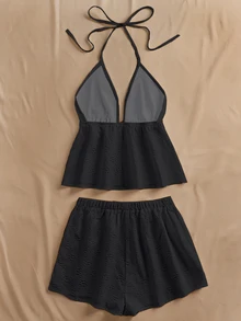 INAWLY 2pcs/Set Women Plain Halter Top And Mini Skirt - Black - View 2