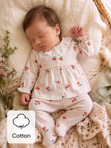 2pcs/Set Baby Newborn Apricot Base Red Cherry Print Long Sleeve Top And Footed Pants Set, Home Wear, Top With Lace Trim Collar, Cute Style, Knitted Fabric - Multicolor - View 1