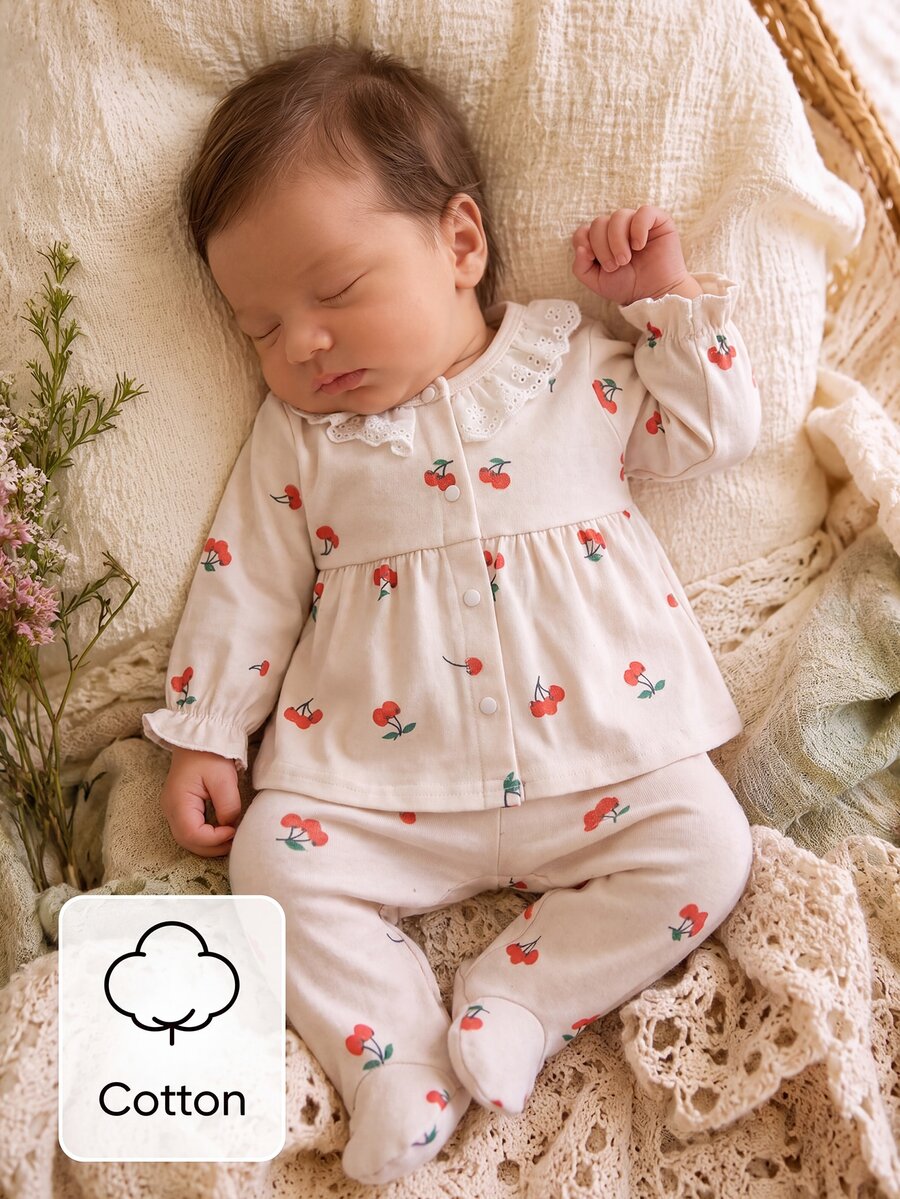 2pcs/Set Baby Newborn Apricot Base Red Cherry Print Long Sleeve Top And Footed Pants Set, Home Wear, Top With Lace Trim Collar, Cute Style, Knitted Fabric - Multicolor - View 1