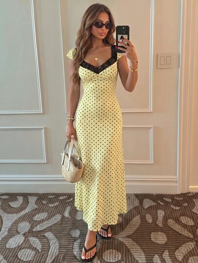 Sunnyshic Black And White Polka Dot All-Over Print Lace Trim Patchwork Heart Neckline Puff Short Sleeve Cinched Waist A-Line Midi Dress, Simple Sweet Elegant Minimalist Casual Vacation Travel Dress For Women Spring Summer