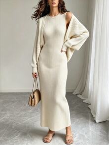 Trelyra Autumn, Elegant, Apricot Fitted Sleeveless Dress And Long Sleeve Cardigan Sweater 2-Piece Set, Daily Wear, Commute Wear, Holiday Wear, Women's Sweater 2-Piece Set - Apricot - View 4