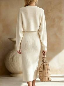 Trelyra Autumn, Elegant, Apricot Fitted Sleeveless Dress And Long Sleeve Cardigan Sweater 2-Piece Set, Daily Wear, Commute Wear, Holiday Wear, Women's Sweater 2-Piece Set - Apricot - View 2