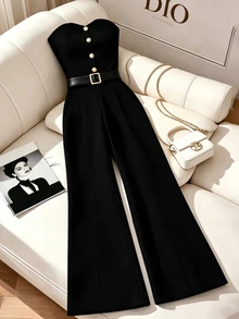 GlowEve CURVE Jumpsuit Tanpa Tali Model Flare untuk Wanita Ukuran Plus, Warna Polos, Pakaian Kasual Sehari-hari - Hitam - View 3