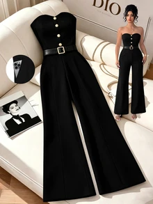 GlowEve CURVE Jumpsuit Tanpa Tali Model Flare untuk Wanita Ukuran Plus, Warna Polos, Pakaian Kasual Sehari-hari - Hitam - View 1