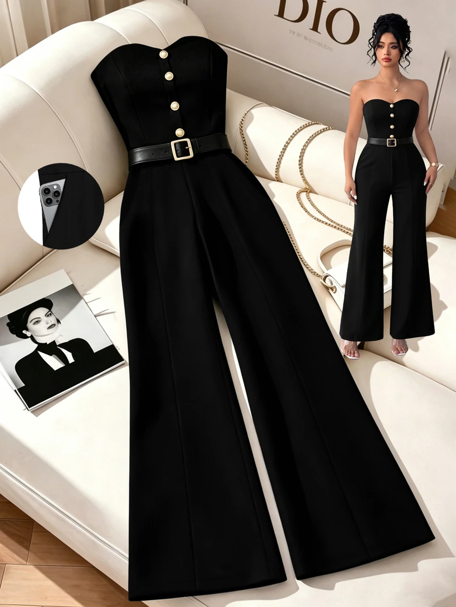 GlowEve CURVE Jumpsuit Tanpa Tali Model Flare untuk Wanita Ukuran Plus, Warna Polos, Pakaian Kasual Sehari-hari - Hitam - View 1