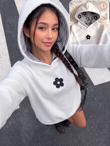 SHEIN 青少年女孩衛衣，白色花卉，寬鬆版型，秋冬保暖，休閒可愛，連帽，抓絨，拉鍊，舒適，日常上學穿搭 - 白色 - 查看 1