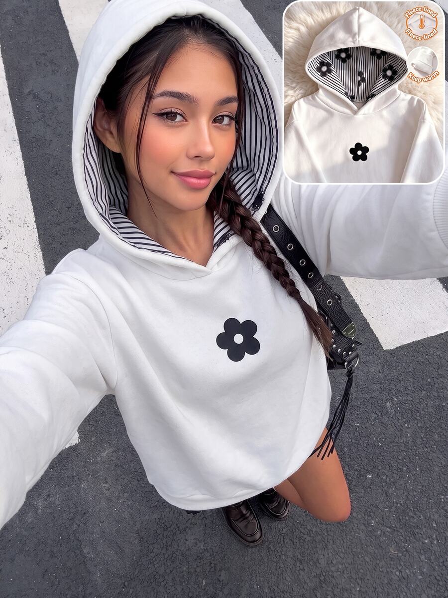 SHEIN 青少年女孩衛衣,白色花卉,寬鬆版型,秋冬保暖,休閒可愛,連帽,抓絨,拉鍊,舒適,日常上學穿搭 - 白色 - 查看 1