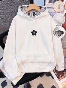 SHEIN 青少年女孩衛衣，白色花卉，寬鬆版型，秋冬保暖，休閒可愛，連帽，抓絨，拉鍊，舒適，日常上學穿搭 - 白色 - 查看 8