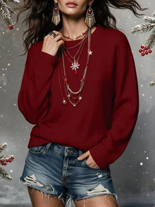 SHEIN 新款升級加厚女款秋冬極簡風酒紅圓領落肩長袖套頭毛衣，適合休閒、度假、旅行、購物、日常通勤 - 酒紅色 - 查看 4