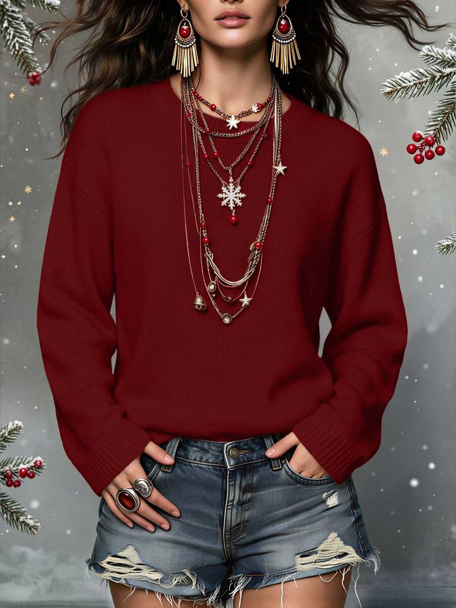SHEIN 新款升級加厚女款秋冬極簡風酒紅圓領落肩長袖套頭毛衣，適合休閒、度假、旅行、購物、日常通勤