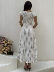Flirla White And Black Polka Dot Lace Trim Sweetheart Neck Puff Sleeve Ruched Waist A-Line Midi Dress,Elegant Summer Holiday Vacation Holiday For Ladies - White - View 2