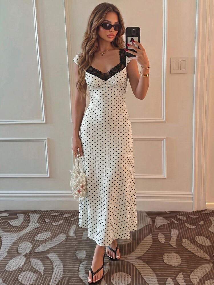 Flirla White And Black Polka Dot Lace Trim Sweetheart Neck Puff Sleeve Ruched Waist A-Line Midi Dress,Elegant Summer Holiday Vacation Holiday For Ladies
