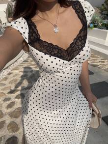 Flirla White And Black Polka Dot Lace Trim Sweetheart Neck Puff Sleeve Ruched Waist A-Line Midi Dress,Elegant Summer Holiday Vacation Holiday For Ladies - White - View 7