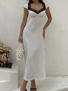 Flirla White And Black Polka Dot Lace Trim Sweetheart Neck Puff Sleeve Ruched Waist A-Line Midi Dress,Elegant Summer Holiday Vacation Holiday For Ladies - White - View 5