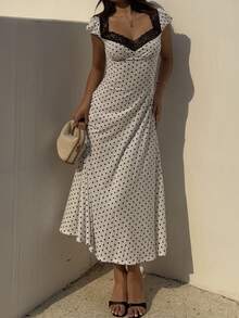 Flirla White And Black Polka Dot Lace Trim Sweetheart Neck Puff Sleeve Ruched Waist A-Line Midi Dress,Elegant Summer Holiday Vacation Holiday For Ladies - White - View 6