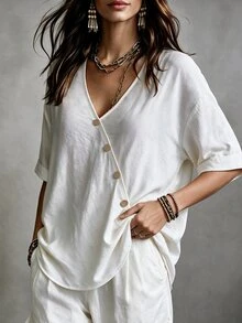 Linhara CURVE Blusa de talla grande con botones delanteros y hombros caídos - Blanco - Ver 6