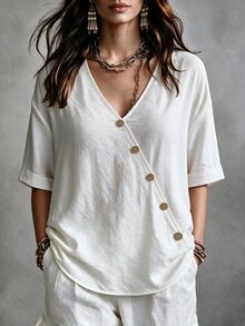 Linhara CURVE Blusa de talla grande con botones delanteros y hombros caídos - Blanco - Ver 1