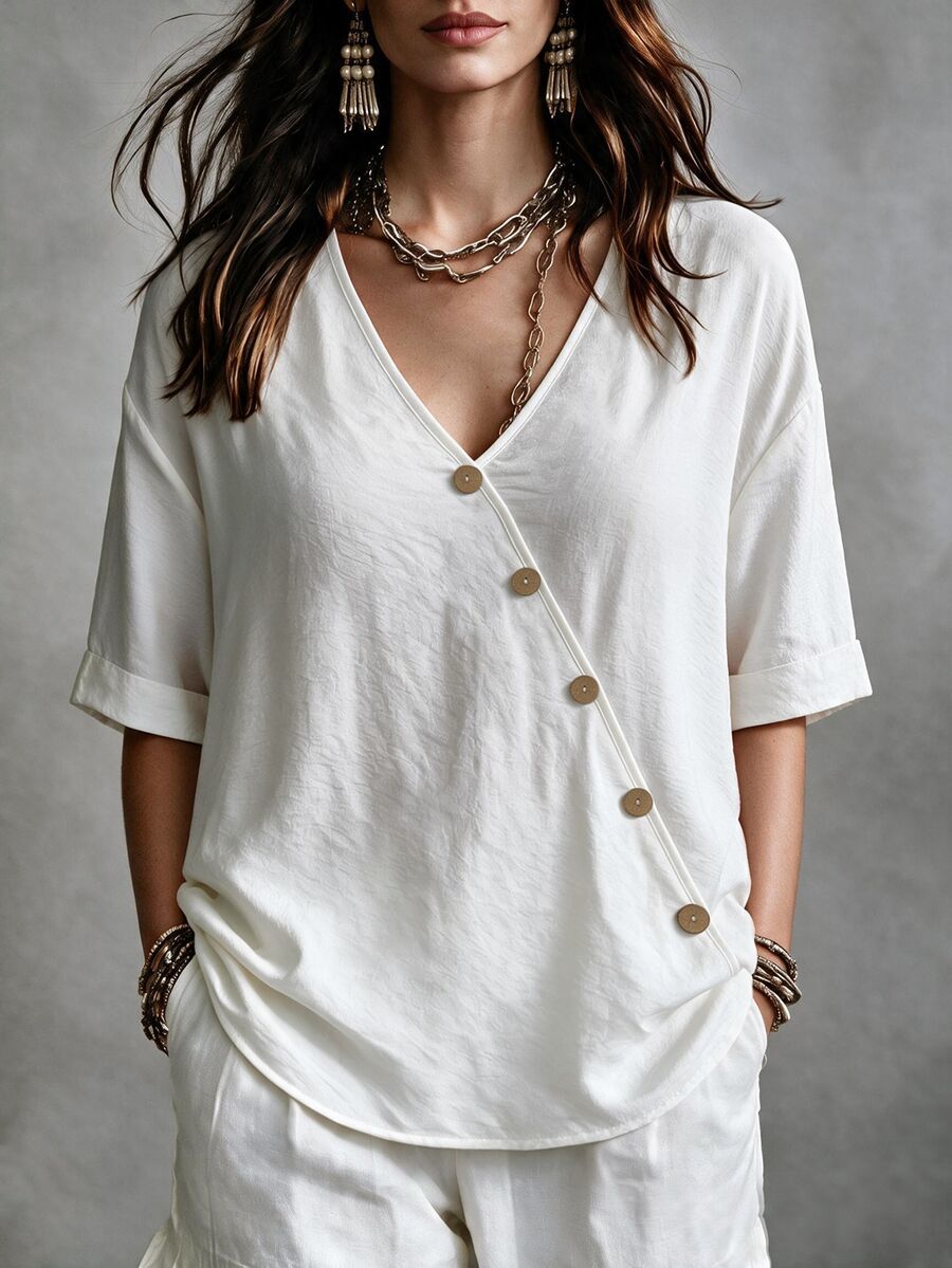Linhara CURVE Blusa de talla grande con botones delanteros y hombros caídos - Blanco - Ver 1