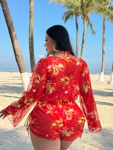 SHEIN Swim Curve 大码女士三件套印花挂脖比基尼套装，含长袖泳裤和薄纱罩衫，时尚度假沙滩泳装 - 彩色 - 查看 2