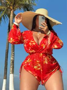 SHEIN Swim Curve 大码女士三件套印花挂脖比基尼套装，含长袖泳裤和薄纱罩衫，时尚度假沙滩泳装 - 彩色 - 查看 1