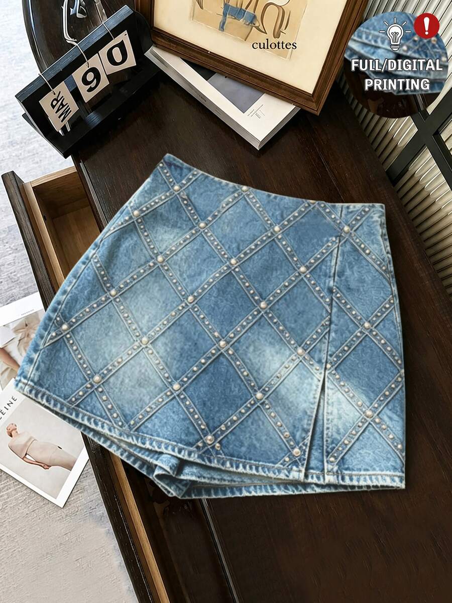SHEIN Franclia 時尚休閒通勤百搭丹寧效果印花紋理軟面料高腰開衩女款短褲/裙/寬腿褲/熱褲 - 彩色 - 查看 1