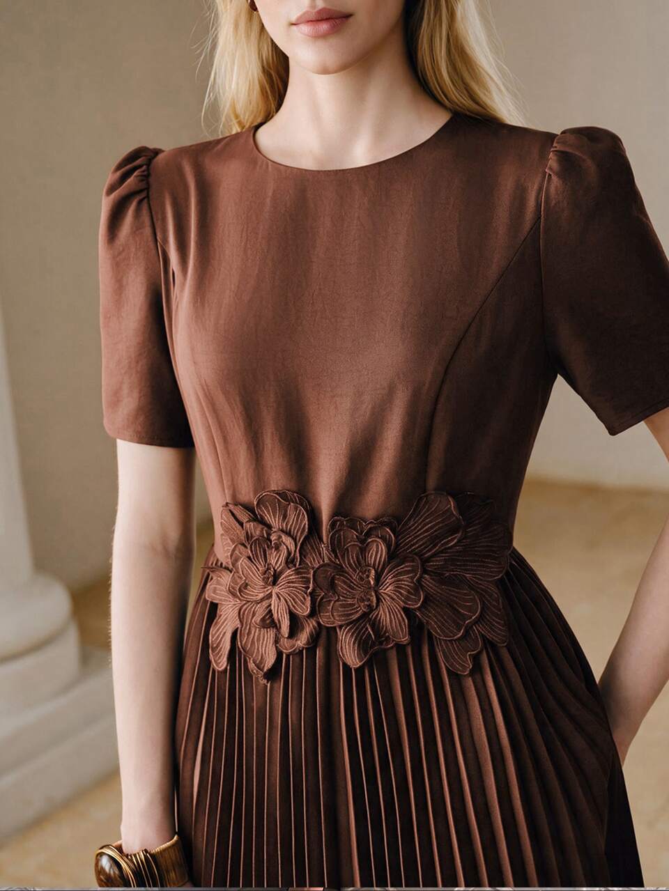 Anewsta Elegant Vintage Waist-Cinching Pleated Full Skirt With Lace Trim Vacation Style Women's Dress