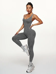 Slayform Slayform Women's Washed Frosted Back Waist V-Cross Jumpsuit - Grey - View 3