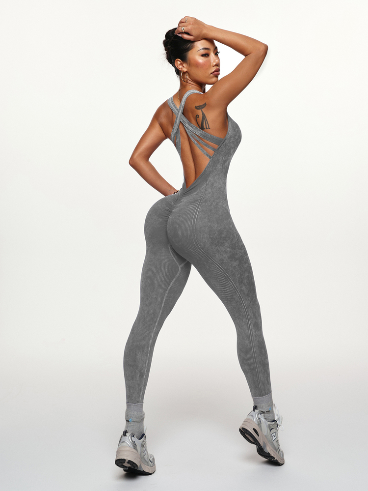 Slayform Slayform Women's Washed Frosted Back Waist V-Cross Jumpsuit - Grey - View 1