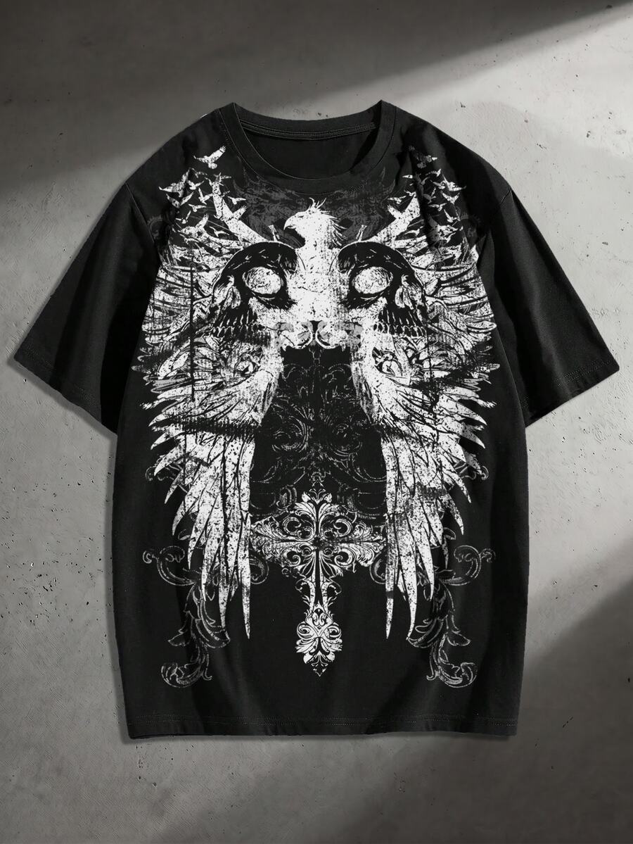ROMWE MEN Goth 男士印花寬鬆版型短袖T恤 - 黑色 - 查看 1