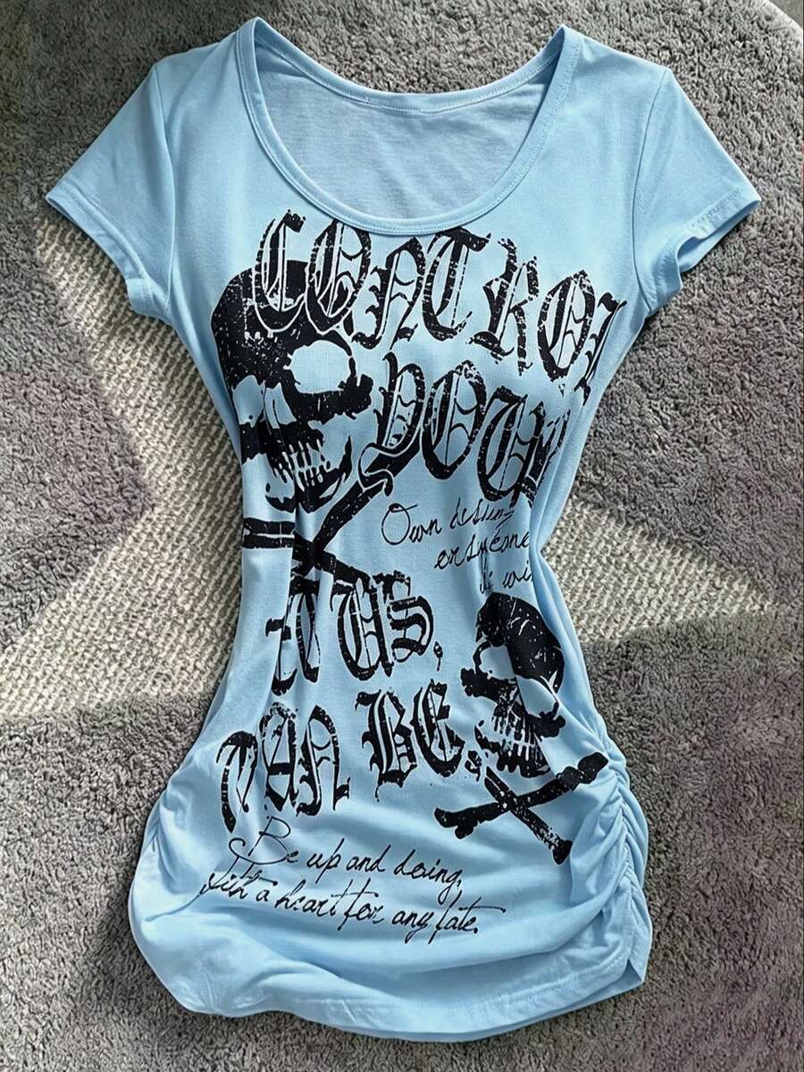 INAWLY 女款夏季修身收腰龐克搖滾短袖美式黑色骷髏骨頭印花T恤 - 藍色 - 查看 1