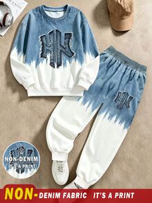 Tween Boys Casual Street Minimalist Light Blue Gradient Letter Print Drop Shoulder Crew Neck Sweatshirt & Sweatpants 2 Pieces Set, Suitable For Outings And Sports - Multicolor - View 3
