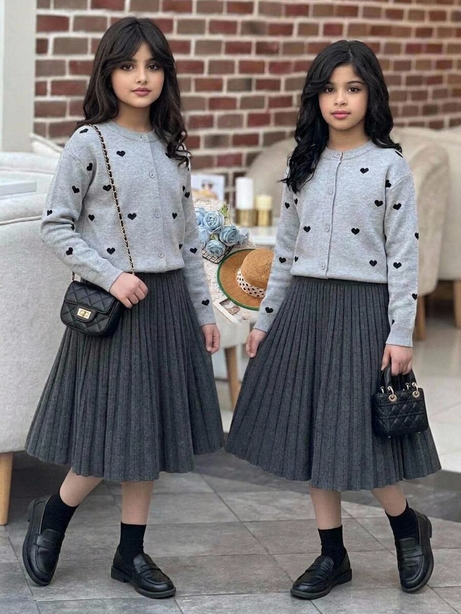SHEIN Tween Girl 2 Pieces Set, Elegant Heart Embroidered Sweater And Knitted Pleated Skirt Grey Outfit - Grey - View 1