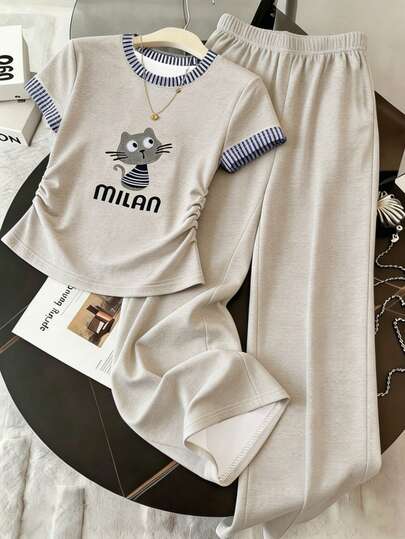 Resyla Conjunto de ropa de verano para mujer, color beige avena, estampado de rayas artesanales, patrón de gato lindo, uso diario, regreso a la escuela, ir al trabajo, viajes casuales, conjunto de camiseta con cintura ceñida y pantalones largos para mujer