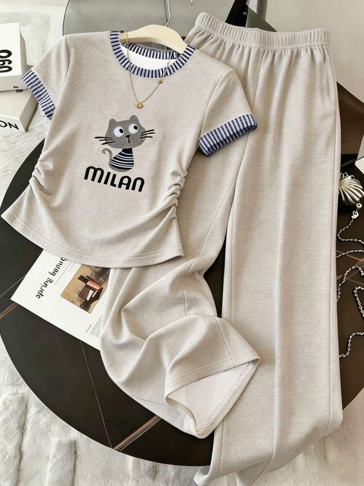 Resyla Women's Summer Outfit Set, Beige Oatmeal Color, Striped Print Craft, Cute Cat Pattern, Daily Wear, Back To School, Commute, Casual Travel, Women's Waist-Cinching T-Shirt And Long Pants Set - Multicolor - View 1